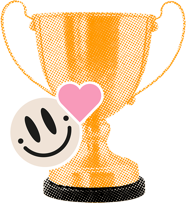 Gold trophy with pink heart and smiley face