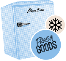 Blue freezer with Mason Dixie logo and snowflake and fresh goods seal