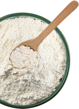 Flour in a green bowl with a wooden spoon