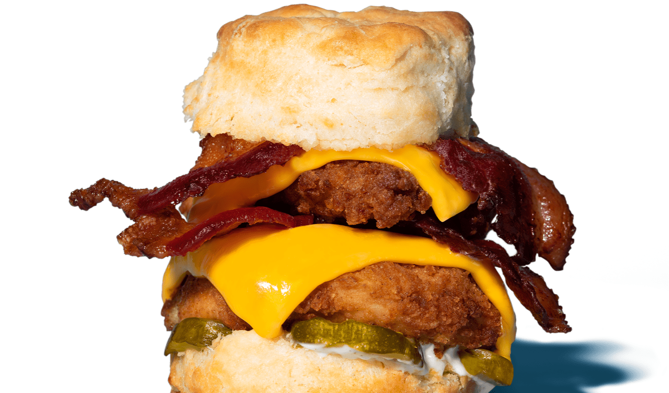 Mason Dixie Biscuit Sandwich with fried chicken, bacon, cheese and pickles
