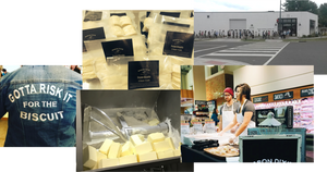 Photo collage of frozen Biscuits, Mason Dixie denim jacket, fresh butter, line of people and sampling biscuits in a store