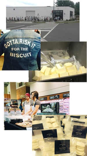 Photo collage of frozen Biscuits, Mason Dixie denim jacket, fresh butter, line of people and sampling biscuits in a store